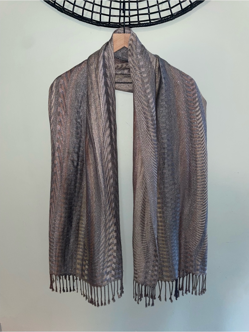 CollectionEighteen | Elegant Metallic Taupe Fringe Scarf | Women’s Accessories